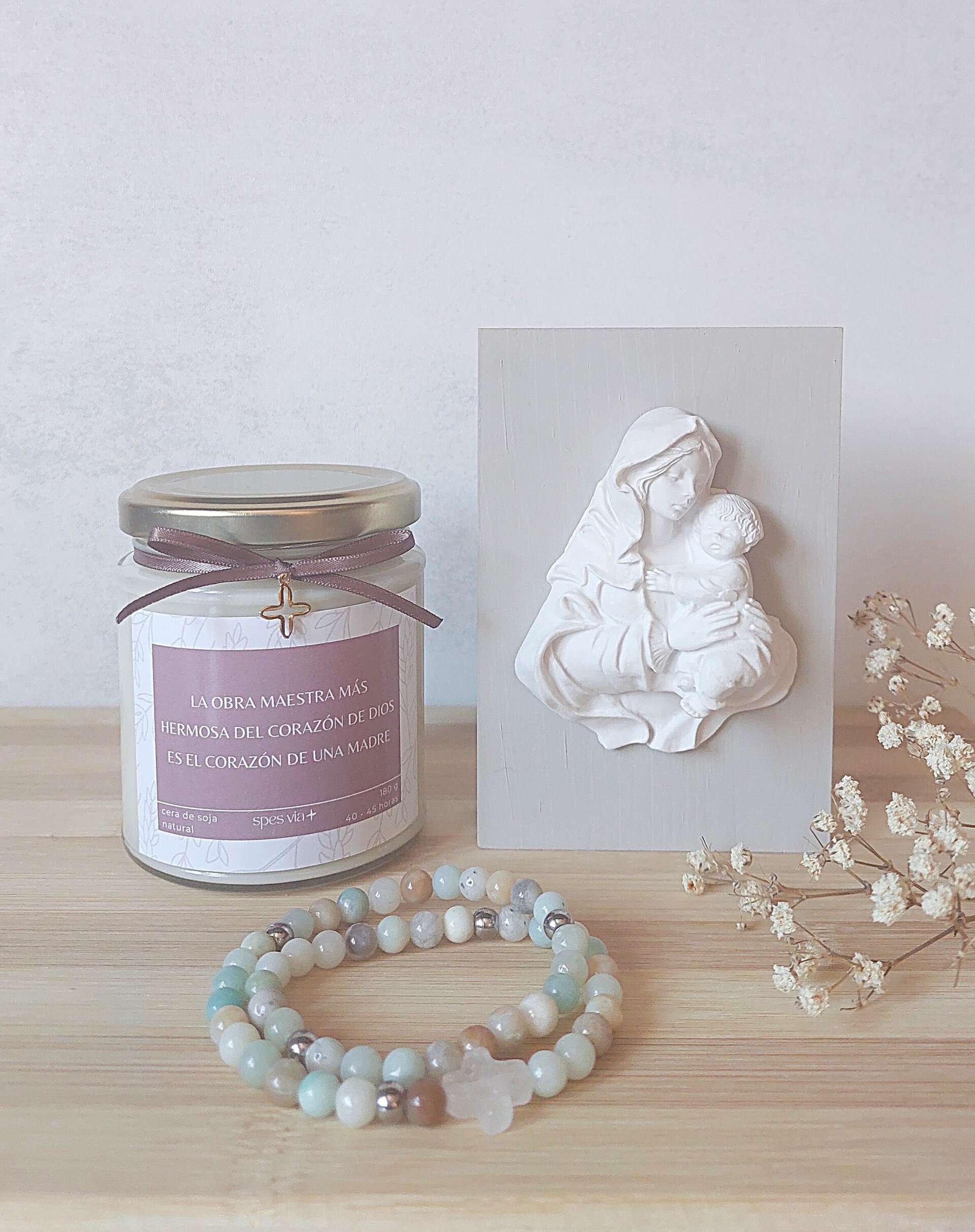 Pack Virgen Blanca - pulsera rosario - vela aromática - 2