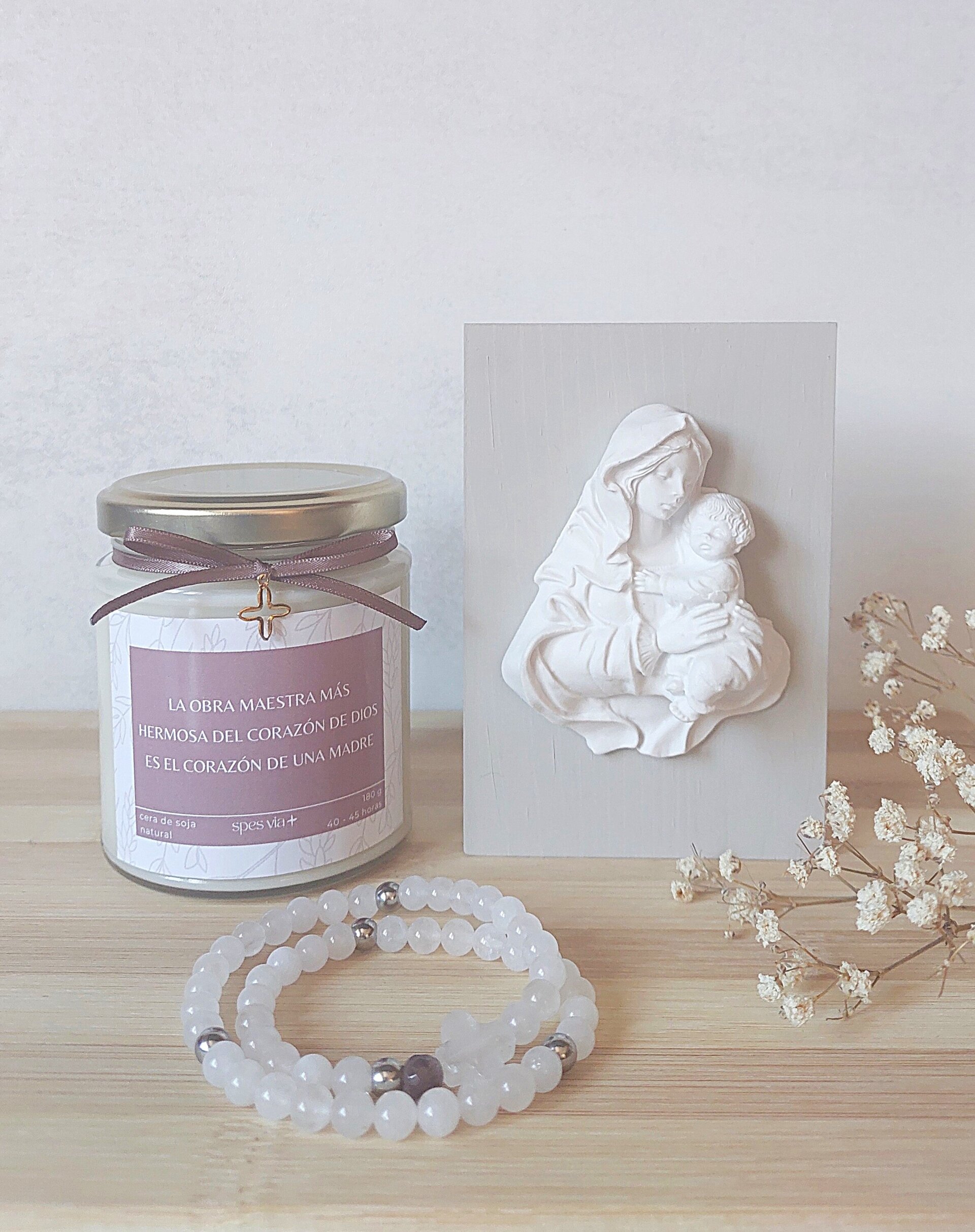 Pack Virgen Blanca - pulsera rosario - vela aromática - 3